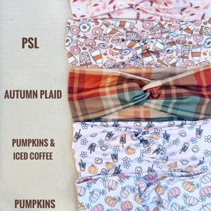May include: Five different patterned headbands with a twist knot in the centre. The headbands are in a stack from top to bottom: fall day, PSL, autumn plaid, pumpkins & iced coffee, and pumpkins.