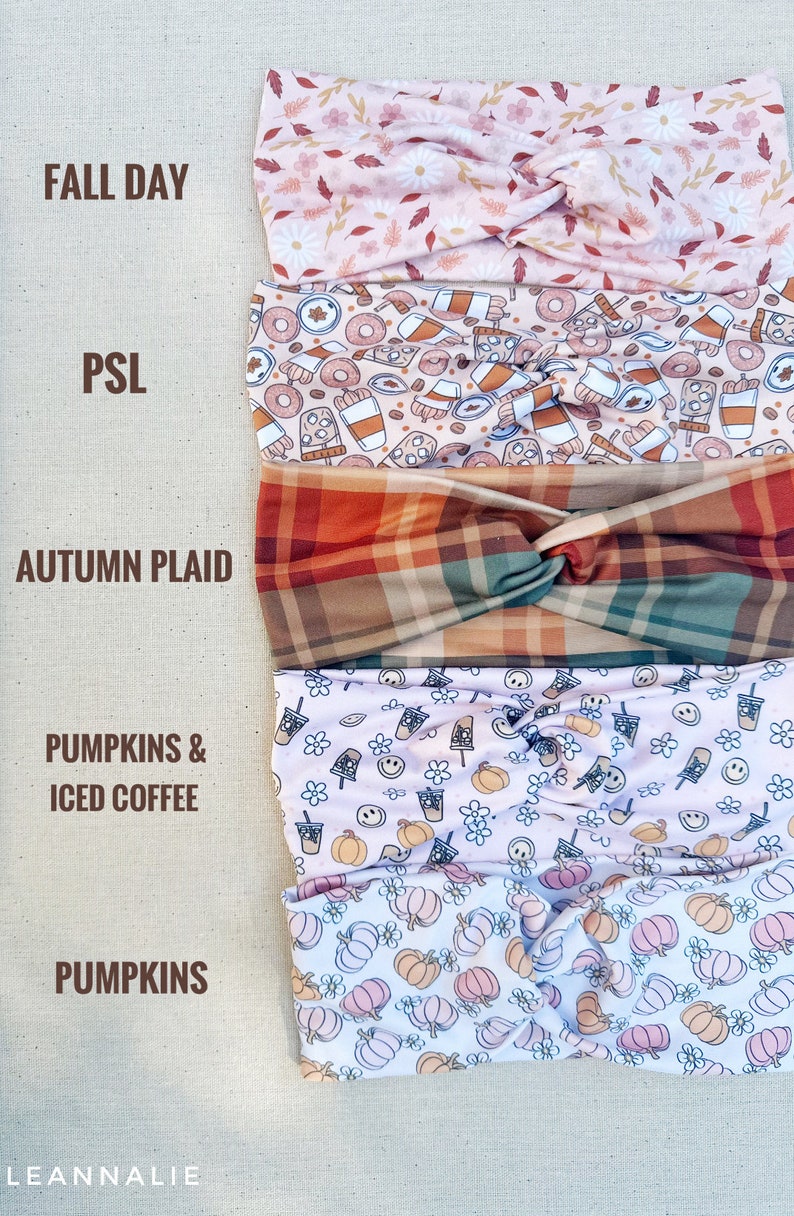 May include: Five different patterned headbands with a twist knot in the centre. The headbands are in a stack from top to bottom: fall day, PSL, autumn plaid, pumpkins & iced coffee, and pumpkins.