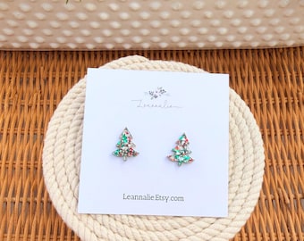 Christmas Tree Stud Earrings, Stainless Steel Posts, Trees, Green, Red, Xmas Studs, Sparkly