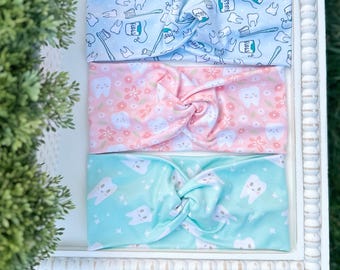 Dental Print Headband, Hygienist Gift, Super Soft Twisty Top, RDA, Dentistry, Tooth, Teeth, Mouth