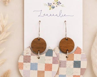 Boho Check Leather Dangle Earrings, Wood Accent