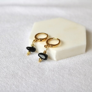 18k Gold Plated Huggie hoop earrings with Black Tourmaline Stone | October birthstone Earrings | Dangle Black stone Huggies | Dangle Huggie
