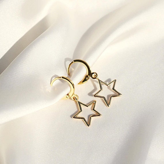 Huggie Hoop Earrings With Dangle Small Star Charm 18k Gold Plated