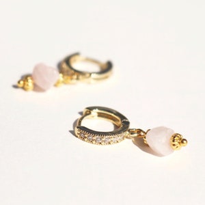 18k Gold Plated Huggie Hoop dangle earrings with Rose Quartz Stone | January Birthstone earrings | Earrings for bridesmaid | Pink stone hoop