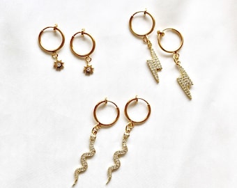 18k Gold Plated Clip on Huggie Hoop earrings with Star / Snake / Lightning pendant | Clip on | Handmade | Hoops | Clip on hoops