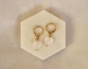 Clip on Shell Heart Huggie earrings in 18k gold | Heart earrings | dainty heart earrings | dangle heart hoops | heart huggies | shell heart