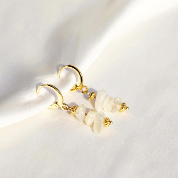Clip on Huggie Hoop Earrings in Moonstone 18k Gold Plated Dangle