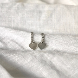 Silver Huggie Hoop earrings with dangle Heart charm | Huggies with small love heart | Love heart earrings | Dainty silver heart hoops