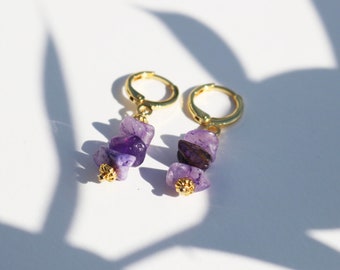 18k Gold Plated Clip On Huggie Earrings in Amethyst | Gemstone | Amethyst | Handmade | Clip on | Bridesmaid | Hoops | Huggies | Purple