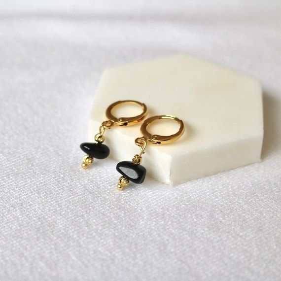 Boucles d'oreilles pendantes pierre naturelle Tourmaline Noire et or 