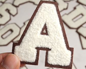 White Chenille Letters,Varsity Letter Iron on Patch,Coffee Background Color,Diy Monogram 2.75&quot; 2310261