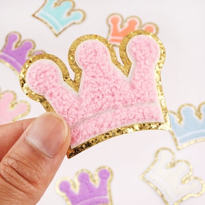 NEW Pink Crown Chenille Patches,Crown Iron On Chenille Glitter Patch,Embroidered Crown Badge Patch For T-Shirt Coat Jacket Clothes Backpack