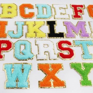 3.12&quot; Sticker Colorful Chenille Embroidered Letters Patch Gold Glitter Varsity Letter Iron on Patchm Clothing Bags Accessories Diy Monogram