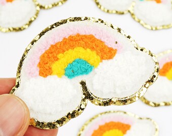 Glitter Rainbow Chenille Patch,Rainbow Cloud Chenille Patch Gold Rim Glitter Patch Applique,Patch For Jacket Clothes,Stick on Patches 211078