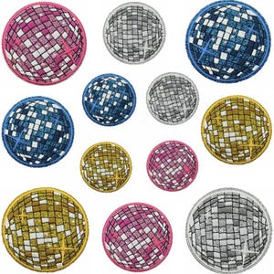 May include: A selection of embroidered disco ball patches in shades of pink, silver, blue, and gold. Each patch has a mosaic design with a glittery finish and a contrasting border. These patches are ideal for adding a retro touch to clothing or accessories.