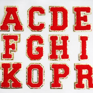 Parche de hierro de chenilla con letras rojas, aplique de parche bordado, parche de chenilla, para parche de alfabeto con nombre DIY, accesorios para bolso de ropa para niños