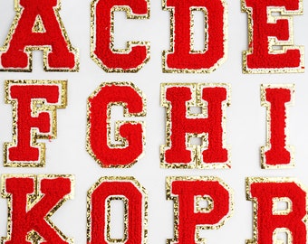 Parche de hierro de chenilla con letras rojas, aplique de parche bordado, parche de chenilla, para parche de alfabeto con nombre DIY, accesorios para bolso de ropa para niños