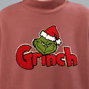 Parche de letras de chenilla navideña, parche termoadhesivo de chenilla de Grinch, Grinch verde, parche festivo para sudadera, purpurina DORADA
