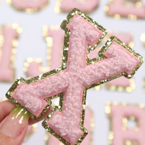 Rosa chenille bordado carta remendos autoadesivos carta em inglês para diy nome roupas jaqueta chapéu acessórios letras 2.16"