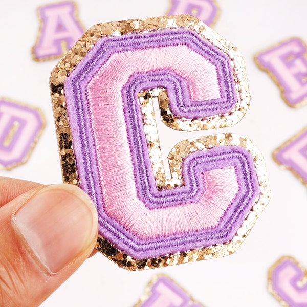 NEW Pink Chenille Iron On Patch Applique,Purple Embroidered Letters Chenille Patch,GOLD Glitter,Varsity Letter Iron on Patch,Diy Monogram