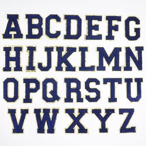 Letras de chenilla azul de 2,75", letras con purpurina dorada para planchar, parches para planchar para hacer tú mismo nombres, prendas, chaquetas, sombreros, accesorios, letras de la A a la Z