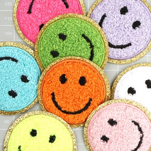 Chenille bestickt Bügelbild, Smiley Chenille Aufnäher Goldrand, Glitzer Aufnäher, Smiley Chenille Aufnäher, Patch für Jacke Kleidung 211049