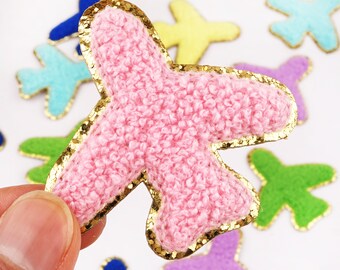 NEW Pink Chenille Airplane Patches,Adhesive Airplane Gold Rim Glitter Chenille Patch,iron on Patches,Patch For Jacket Clothes,DIY patch