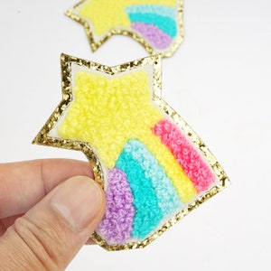 Glitter Rainbow Chenille Patch,Rainbow Star Chenille Patch Gold Rim Glitter Patch Applique,Patch For Jacket Clothes,Stick on Patches 211079