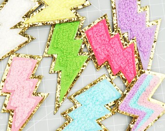 Lightning Bolt Chenille Patch,Self Adhesive Chenille Patch,Lightning Bolt patch,Rainbow Patch,Chenille Glitter Patch DIY Gift 211076