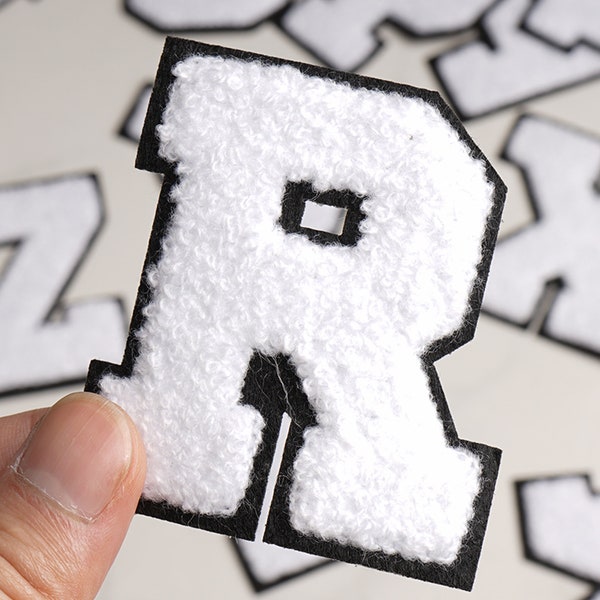 White Chenille Letters,Varsity Letter Iron on Patch,Black Background Color,Diy Monogram,Clothing Hats Bags Accessories 2.75" 2310264