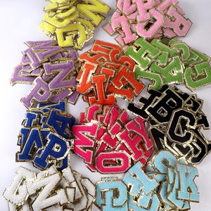 3.12&quot; Sticker Colorful Chenille Embroidered Letters Gold Patch Varsity Letter Iron on Patch Clothing Bags Accessories Diy Monogram