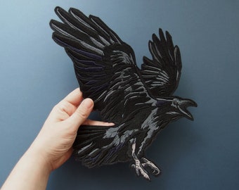 Raven crow patch large embroidered patch black feathers bird applique back patch witchcraft