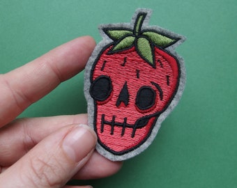 Skull strawberry patch embroidered dead strawberry patch fruit applique rockabilly red berry