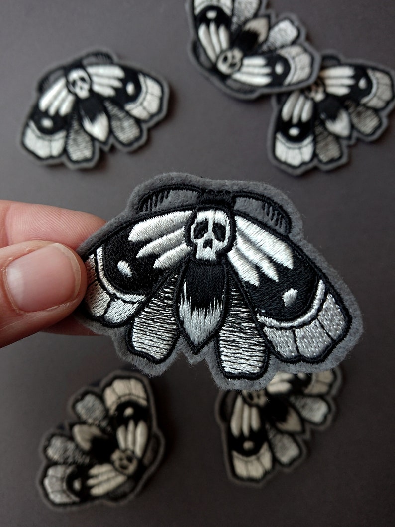 Moth patch embroidered moth patch night owls black white application skull witch gothic image 2