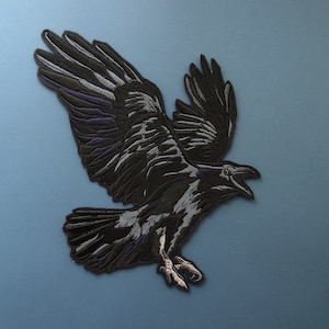 Raven crow patch large embroidered patch black feathers bird applique back patch witchcraft
