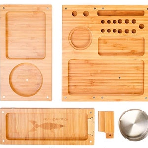 Discreet Smoker Large Bamboo Rolling Tray with Ashtray - Magnetic Stash Box Raw Natural Material