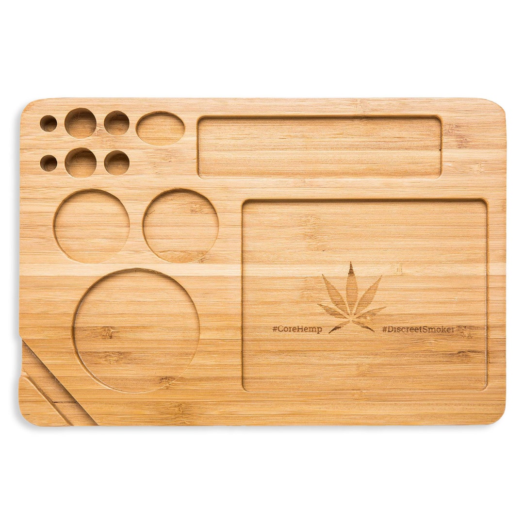Bamboo Rolling Tray With Cut Outs for Rolling Paper, Grinder, Pre