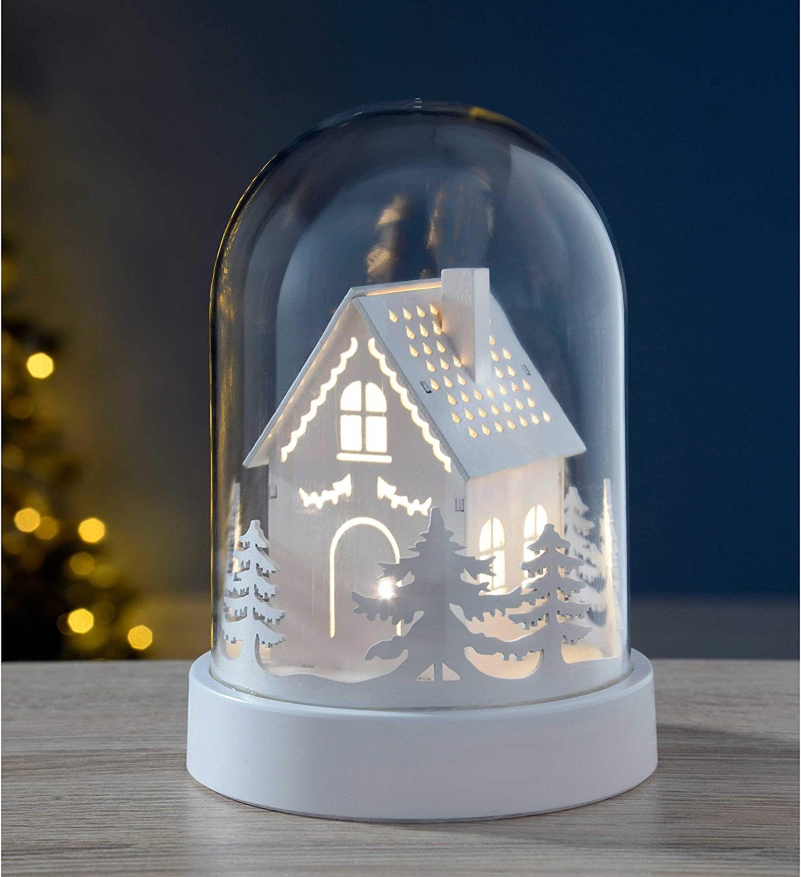 Christmas Wooden Scene Glass Dome Decoration White Snowy Light Etsy UK