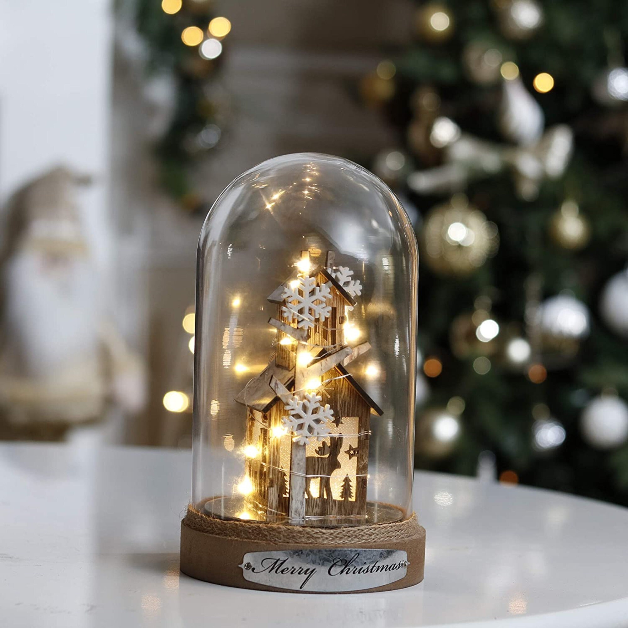 Christmas Wooden Scene Glass Dome Decoration White Snowy Light Etsy