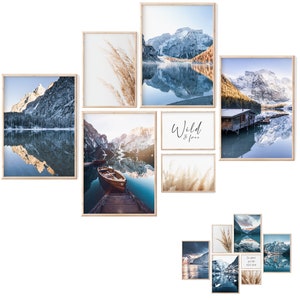 Premium Poster Set - 7 two-sided pictures - Decoration for bedroom and living room | Mountain Pictures – Poster Lake, Beige (4xA3 / 1xA4 / 2xA5)