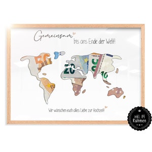 Hochzeitsgeschenke Geld | GERAHMT (A4) Geschenk Hochzeit – Hochzeitsgeschenke für Brautpaar – Bilderrahmen Geldgeschenk | Weltkarte - DIN A4