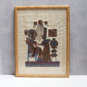 Genuine Egyptian papyrus painted and signed by S.GHARIB, framed papyrus painting of the Egyptian god TOUTHANKAMON, gift for Egyptology enthusiasts