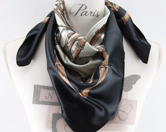 Vintage polyester scarf, black and white scarf, gift scarf, gift for women, women's shawl, Mother's Day gift