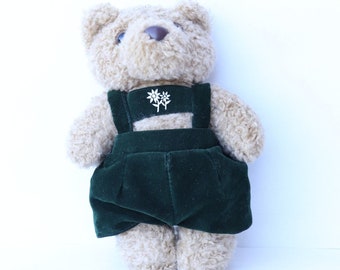 Teddy bear, vintage 80s plush, teddy bear green overalls Edelweiss, vintage teddy bear, vintage teddy bear, gift idea