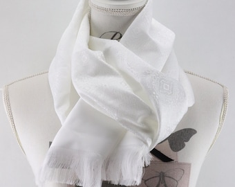 Large vintage women's scarf, white scarf, white stole, gift for women, polyester scarf, stole made in France, Mother's Day