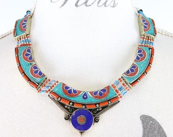 Vintage Tibetan turquoise lapis lazuli necklace, Bohemian necklace, Ethnic tribal jewelry, Gifts for her, Silver-tone metal necklace