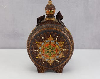 Vintage handmade wooden flask, antique hand-painted wooden flask, folk art decorative wooden canteen, painted wooden bottle
