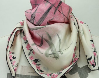 Vintage square silk scarf in beige and pink bird patterns, silk square, gift for woman, gift for her, silk fabric