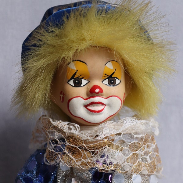 Clown avec tête en porcelaine vintage, ancien clown en porcelaine avec costume à paillettes, clown de collection, poupée humour, idée cadeau