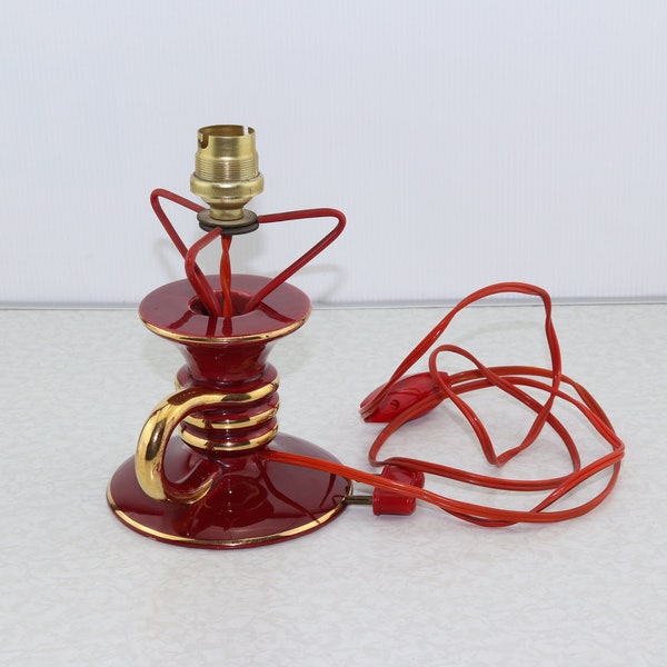 Lampe de chevet vintage, lampe en céramique rouge et dorée en forme de bougeoir, ancien pied de lampe, luminaire vintage, lampe vintage